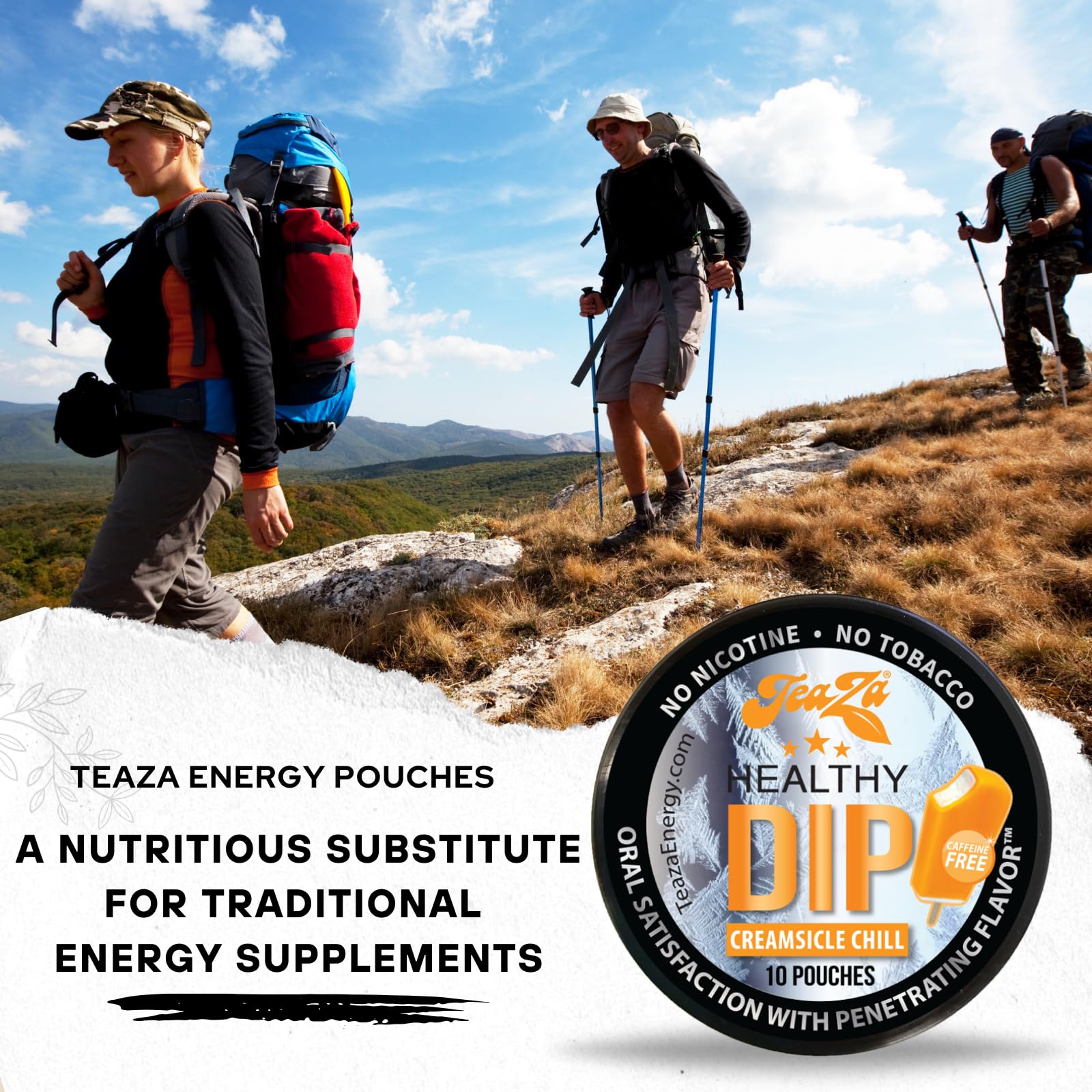 TeaZa Energy Pouches used outdoors as a healthy dip alternative option.
