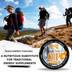 TeaZa Energy Pouches used outdoors as a healthy dip alternative option.