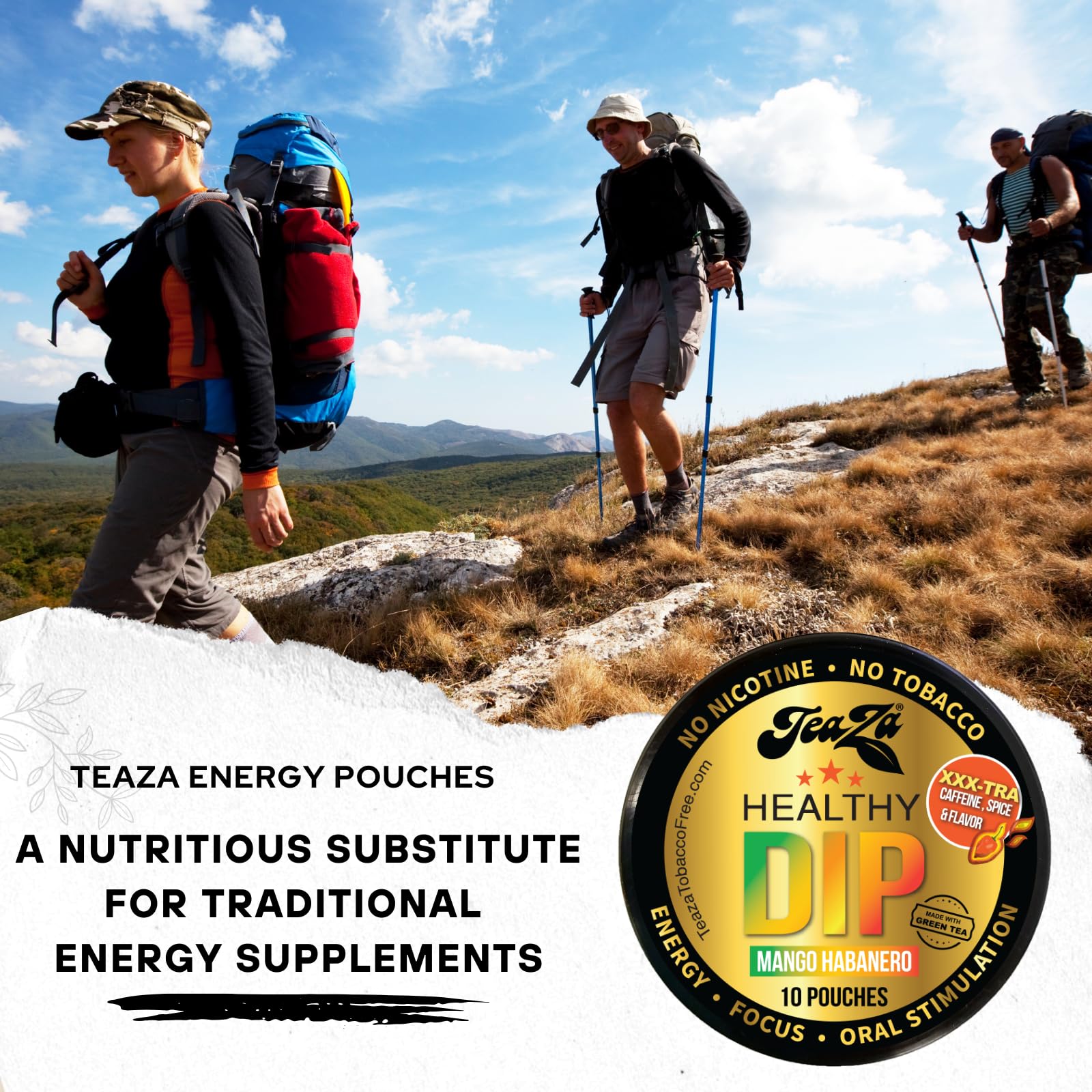 TeaZa Energy Pouches brand display with mango-habanero color theme