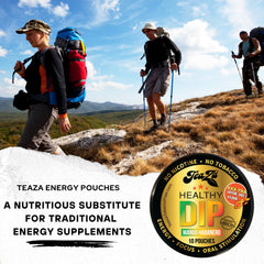 TeaZa Energy Pouches brand display with mango-habanero color theme