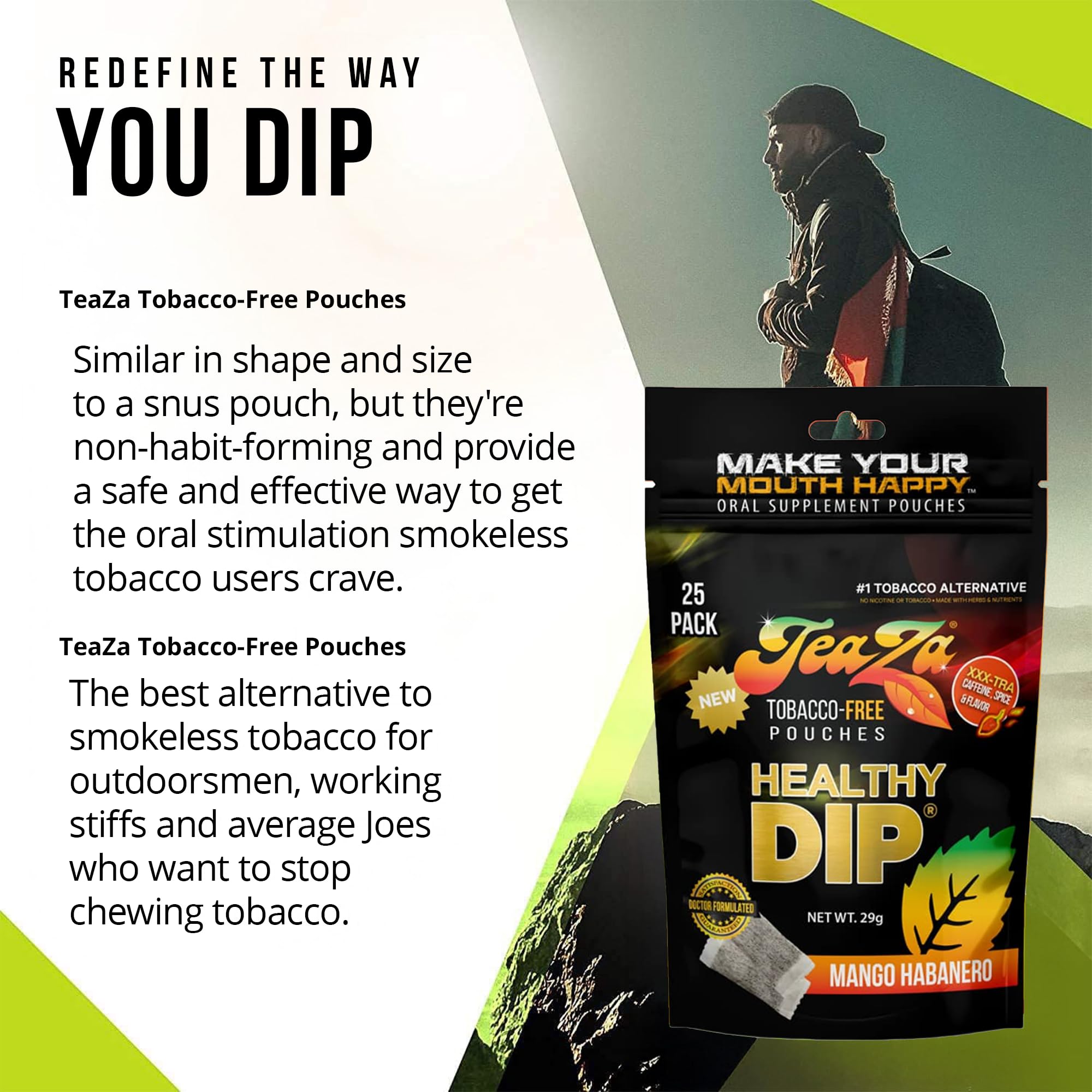 TeaZa Mango Habanero pouch dropped in water creates a quick energy tea.