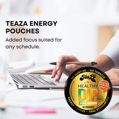 TeaZa Energy Pouches on a desk during break for a quick pick-me-up