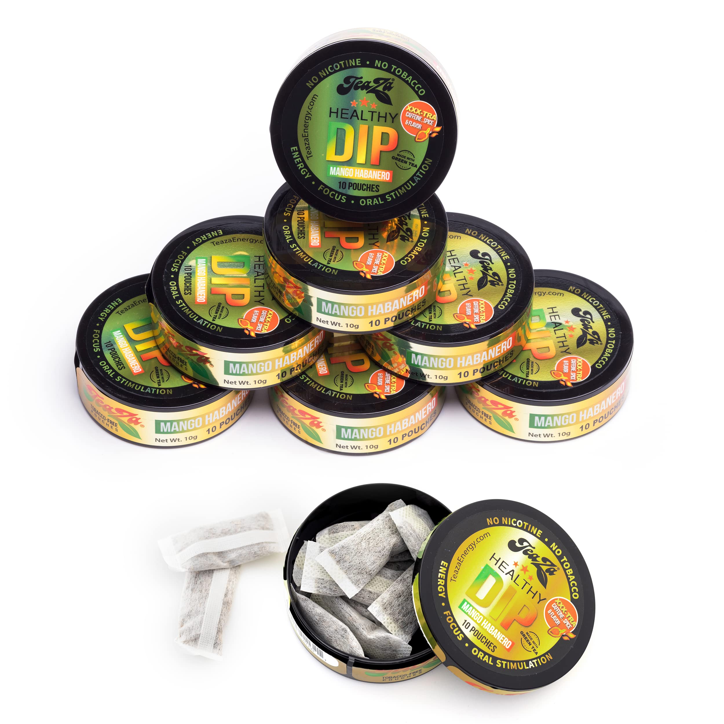 TeaZa Energy Pouches Mango Habanero pack 8 offers a convenient, tobacco-free energy boost.
