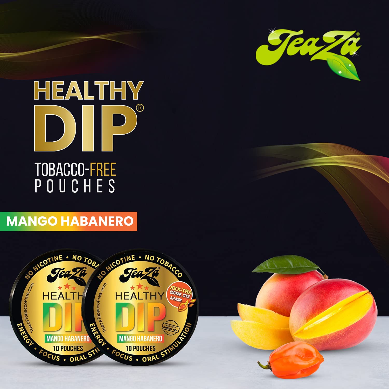 TeaZa Energy Pouches Mango Habanero ingredients panel with green tea and ginseng.