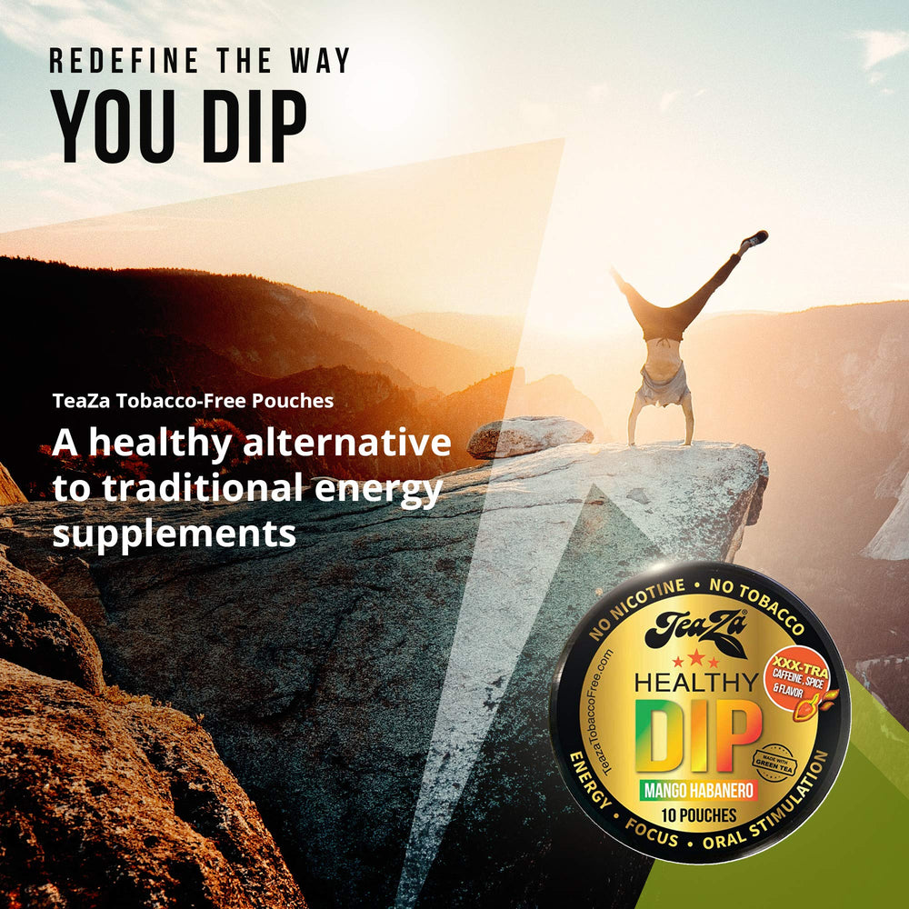 TeaZa Energy Pouches Mango Habanero label emphasizes natural caffeine and vitamins.