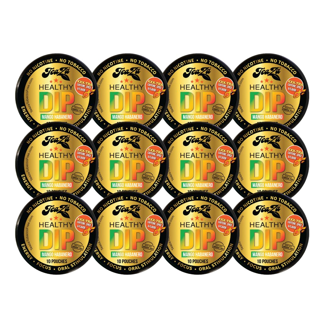 TeaZa Energy Pouches Mango Habanero pack front view, nicotine-free dip option