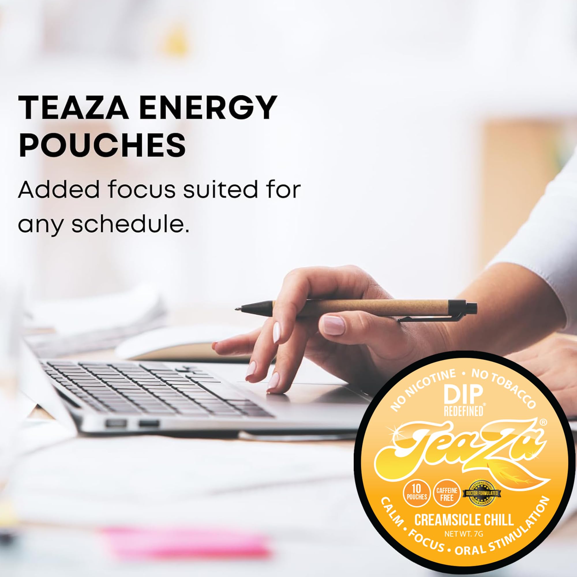 TeaZa Energy Pouches featuring Relora and chamomile aroma.