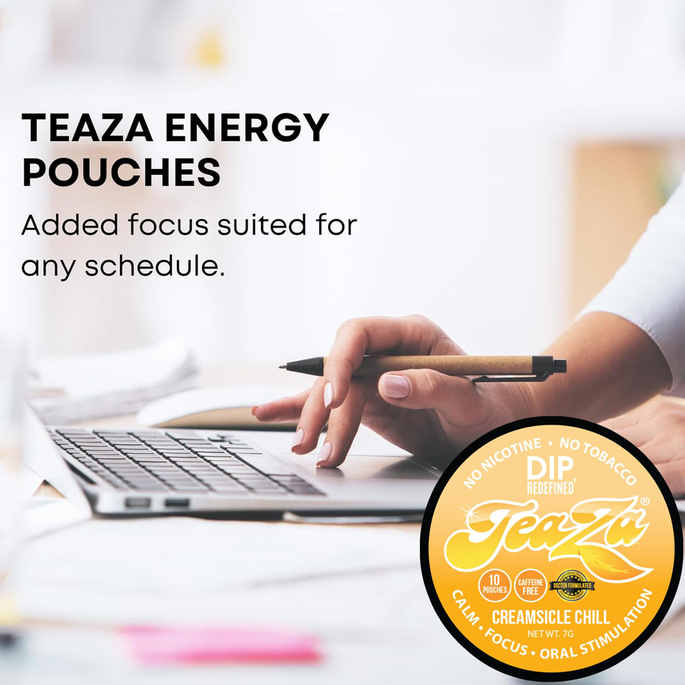 TeaZa Energy Pouches featuring Relora and chamomile aroma.