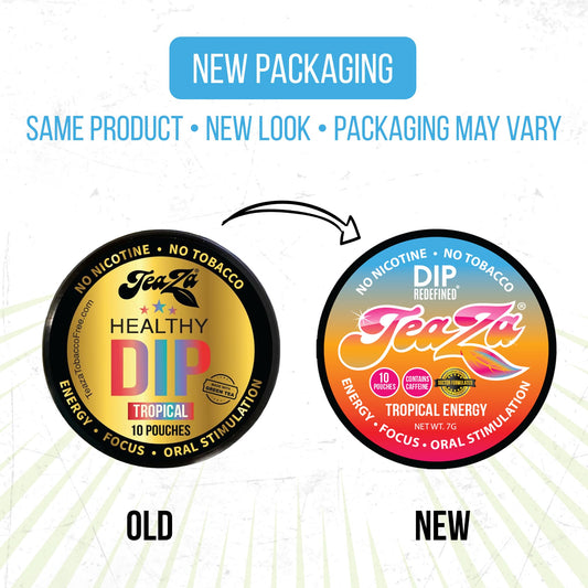 TeaZa Energy Pouches tropical flavor packaging close-up highlighting aroma and flavor
