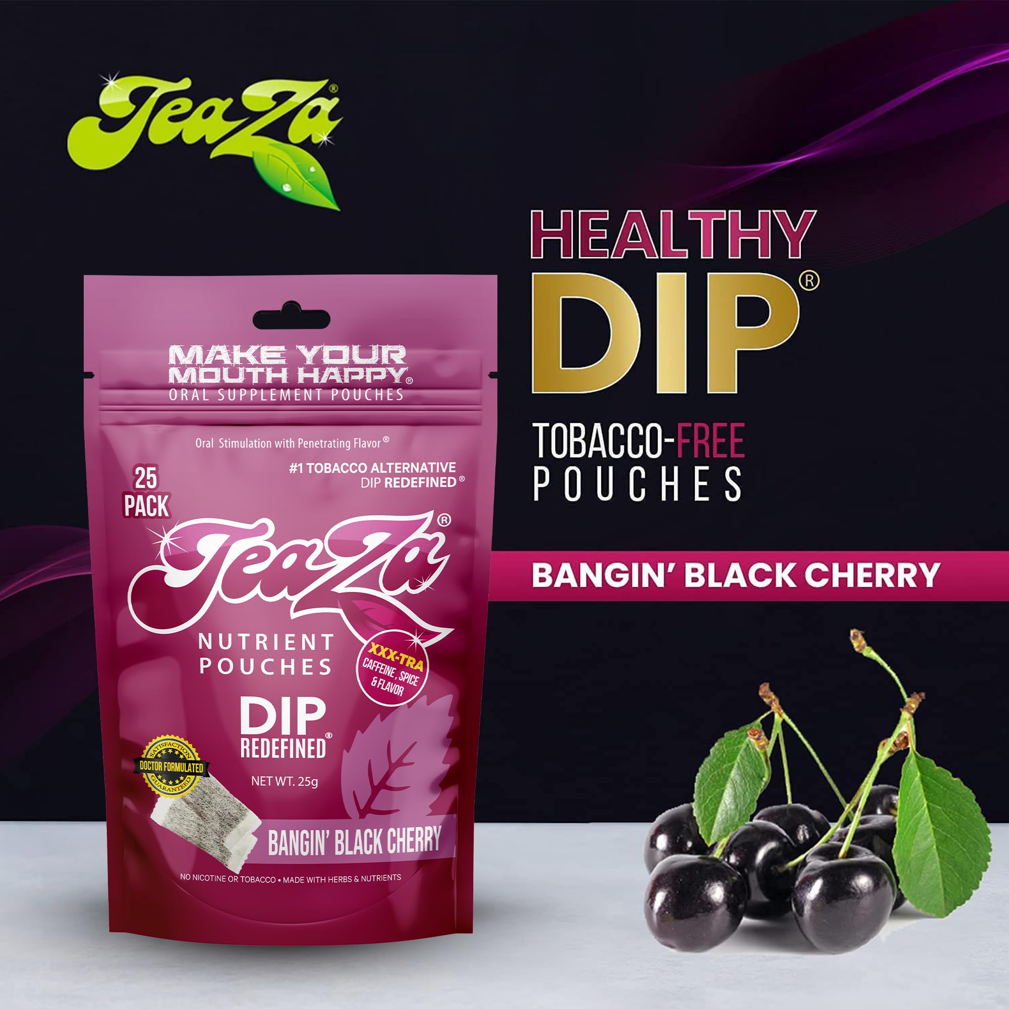 TeaZa Energy Pouches shown with vegan, gluten-free, and sugar-free attributes.