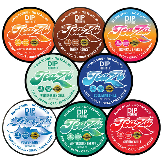 TeaZa Energy packaging shows the assorted pouches for convenient energy.