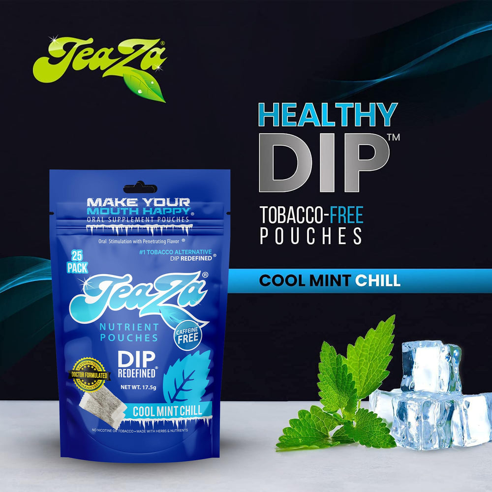 TeaZa 4-pack display highlights convenient smokeless dip option.