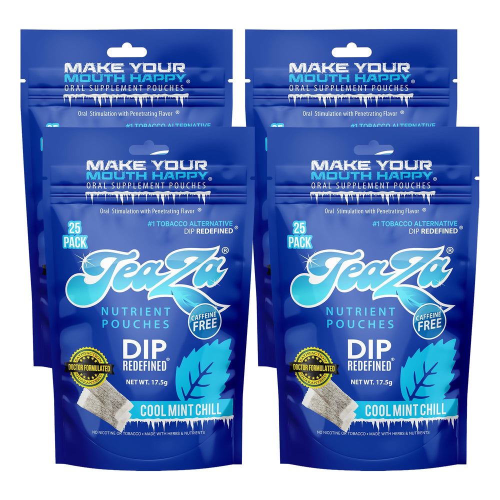 TeaZa herbal energy pouch in Cool Mint Chill pack offers a refreshing, nicotine-free option.