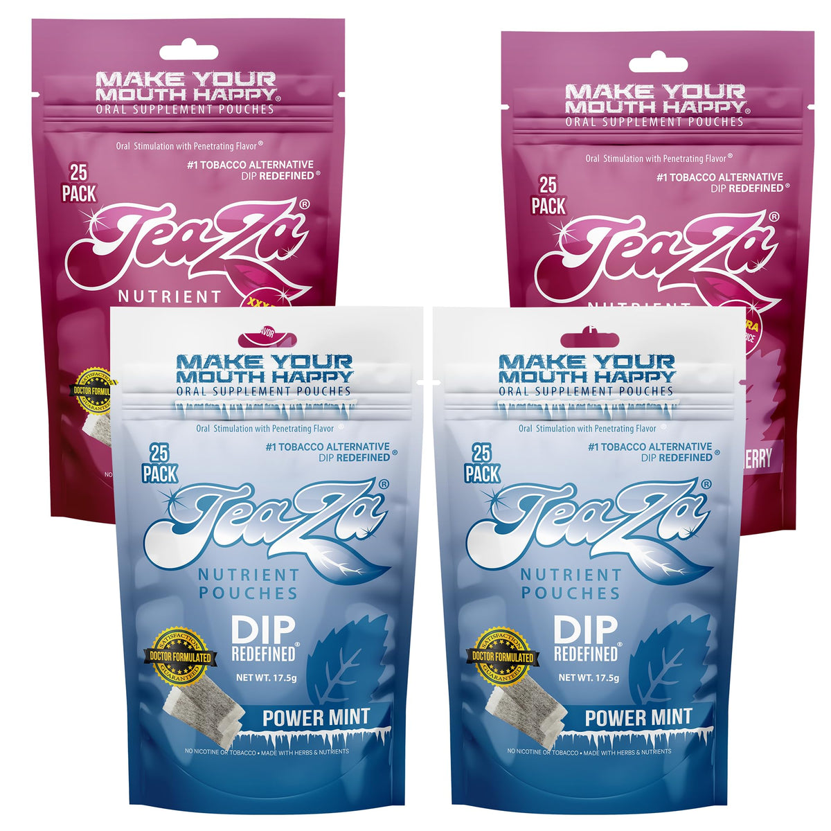 TeaZa Herbal Energy Pouch pack on display for discreet daily use.