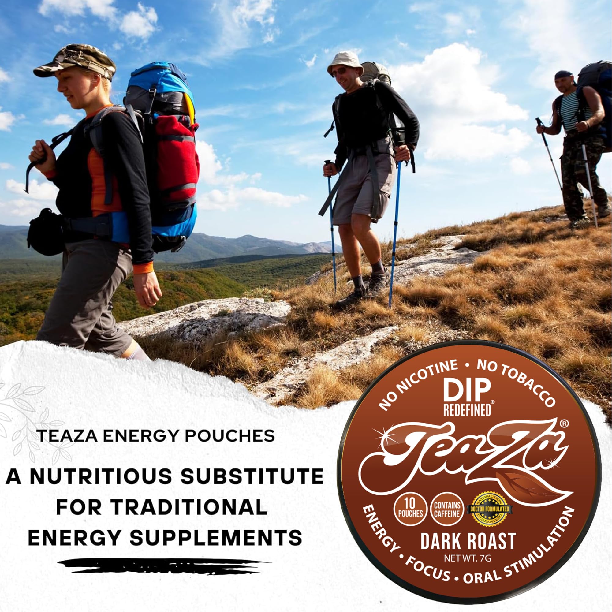 TeaZa pouch in hand demonstrates snus-like size for discreet use
