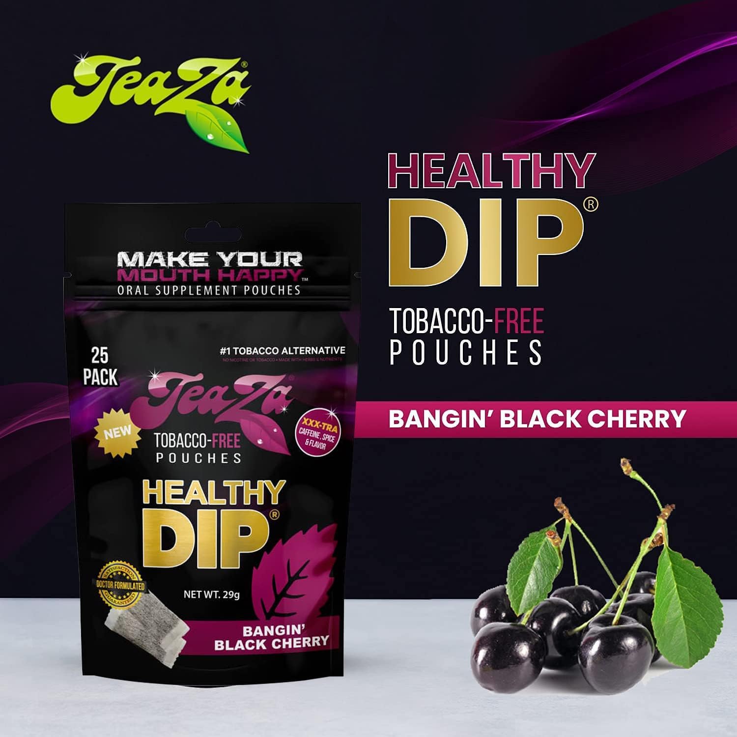 Open TeaZa Bangin' Black Cherry pouch close-up showing fresh-seal design