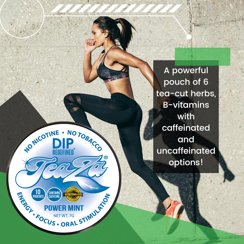 TeaZa Power Mint pouch in mouth demonstrates long-lasting flavor and focus aid