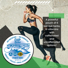 TeaZa Power Mint pouch in mouth demonstrates long-lasting flavor and focus aid