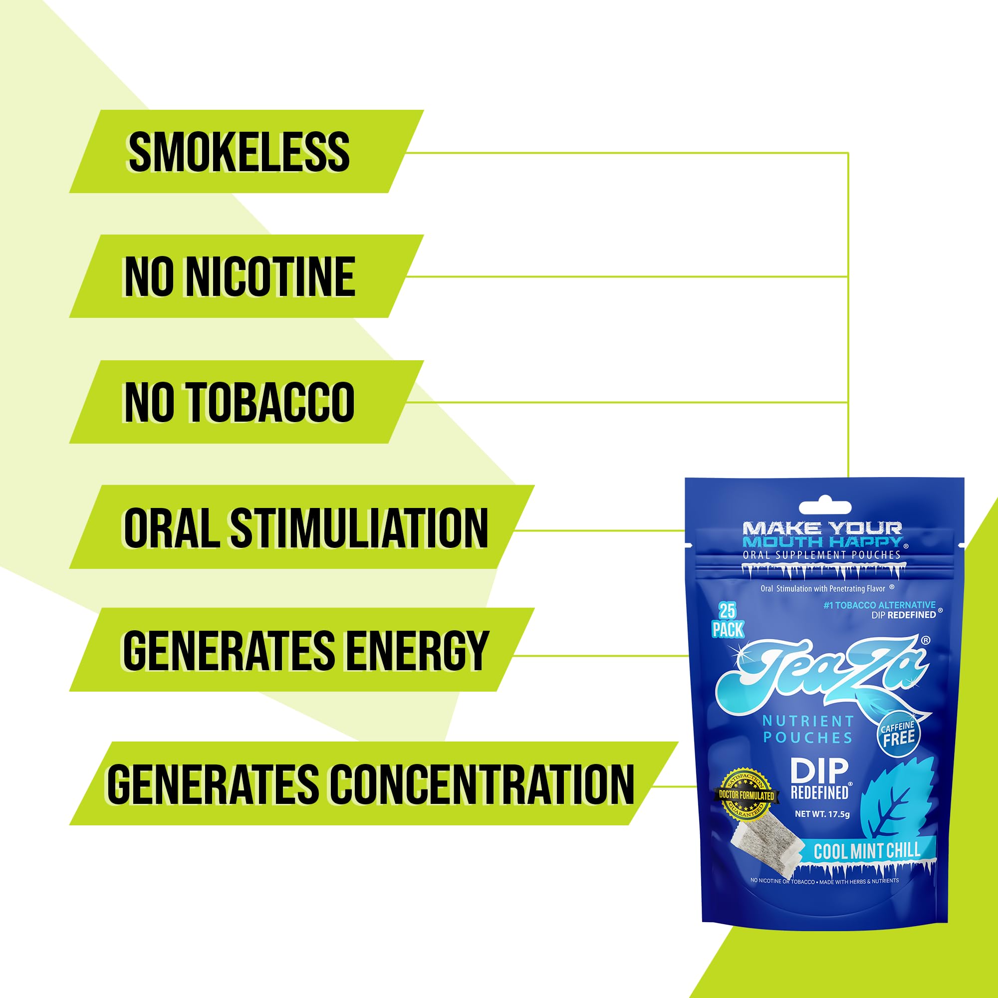 TeaZa tobacco-free chew Cool Mint Chill for an on-the-go clean feel.