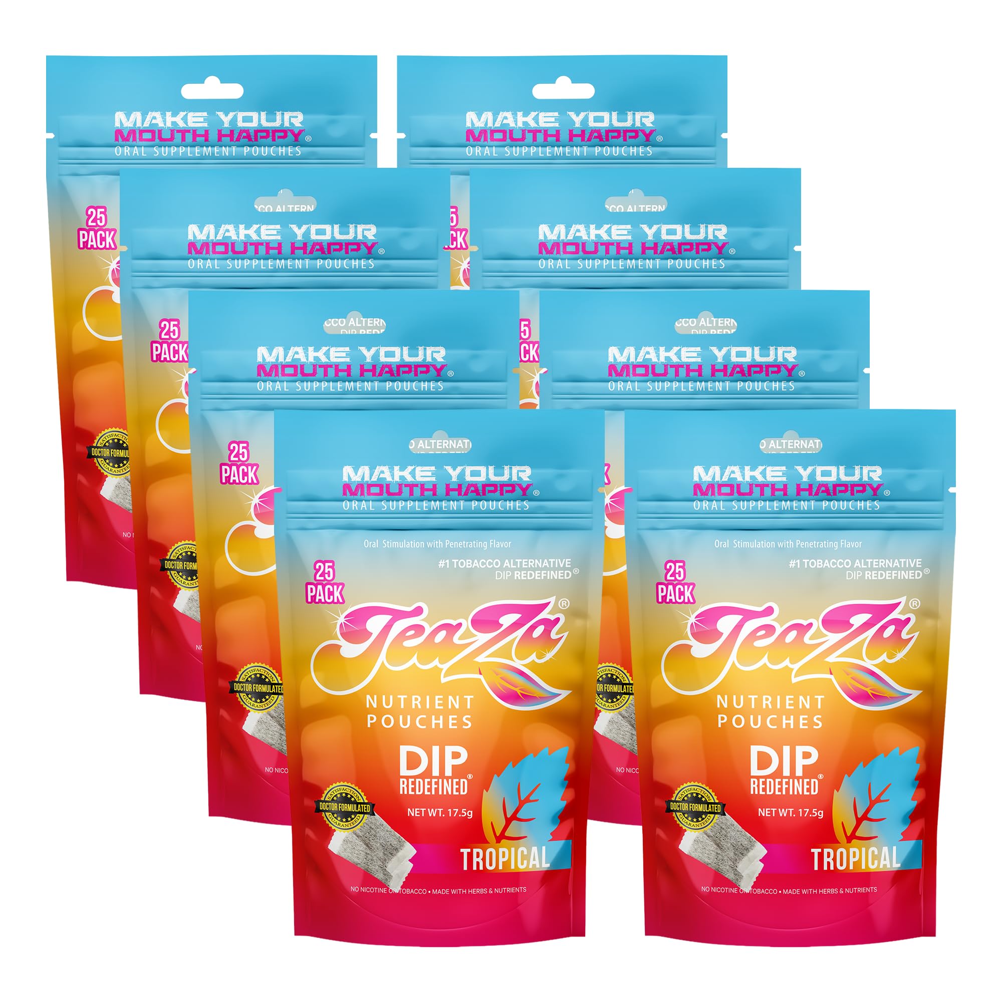 TeaZa Tropical Energy Pouches Pack showing eight-pack for tobacco-free energy