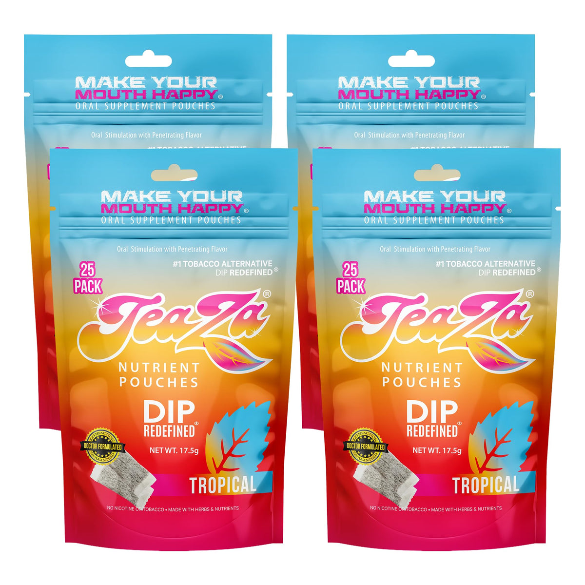 TeaZa Tropical Flavor pack front offers a nicotine-free energy option.