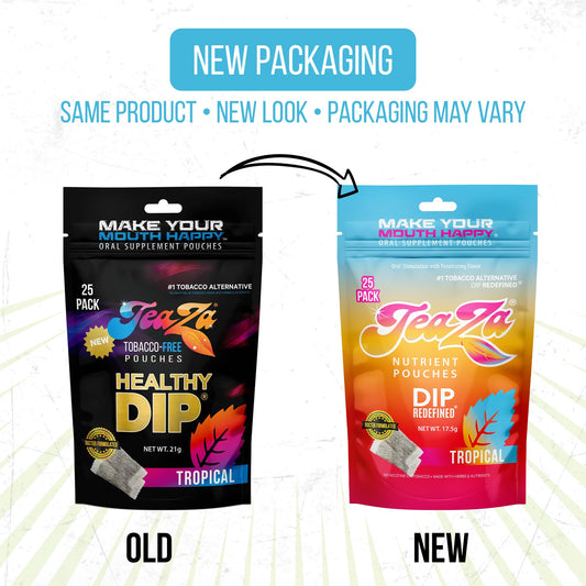 TeaZa Tropical Flavor pouches close-up highlights fruity aroma for smokeless use.