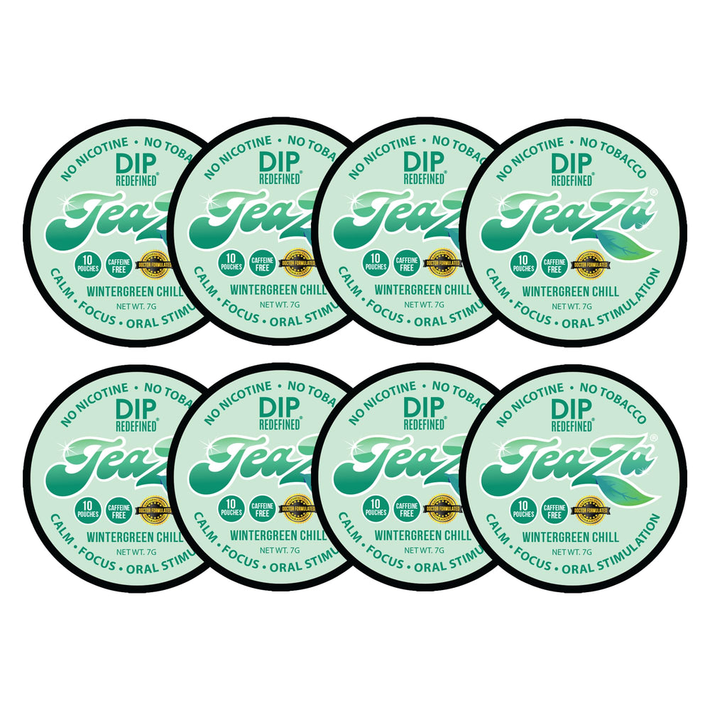 TeaZa Wintergreen Chill energy pouch in hand for a refreshing break