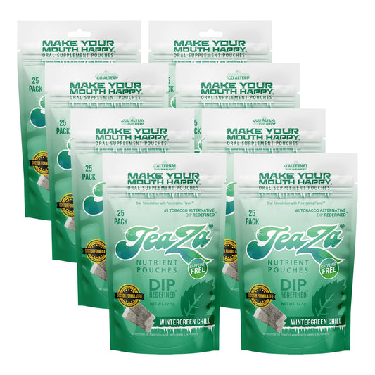 TeaZa Wintergreen Chill packaging close-up highlights a caffeine-free herbal energy option