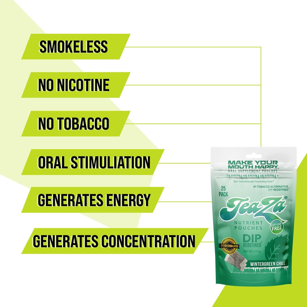 TeaZa Wintergreen Chill pouch being placed in lip shows easy portable use