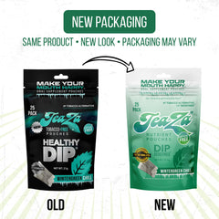 TeaZa Wintergreen Chill pouch inside mouth demonstrates discreet smokeless dipping alternative