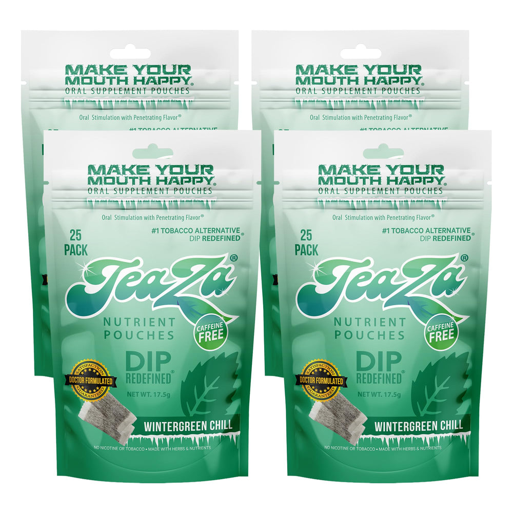 TeaZa Wintergreen Chill pouch close-up for convenient tobacco-free snacking on the go
