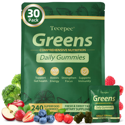 Tecepec Greens Daily Gummies bottle packaging shows convenient daily multivitamins for energy