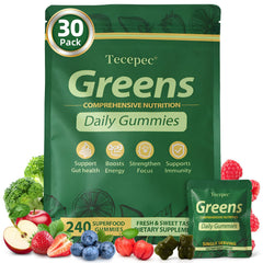 Tecepec Greens Daily Gummies bottle packaging shows convenient daily multivitamins for energy