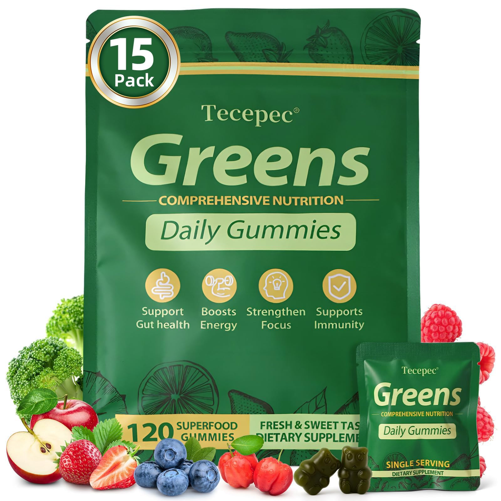 Tecepec Greens Daily Gummies bottle shows convenient daily nutrition on the go.