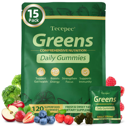 Tecepec Greens Daily Gummies bottle shows convenient daily nutrition on the go.