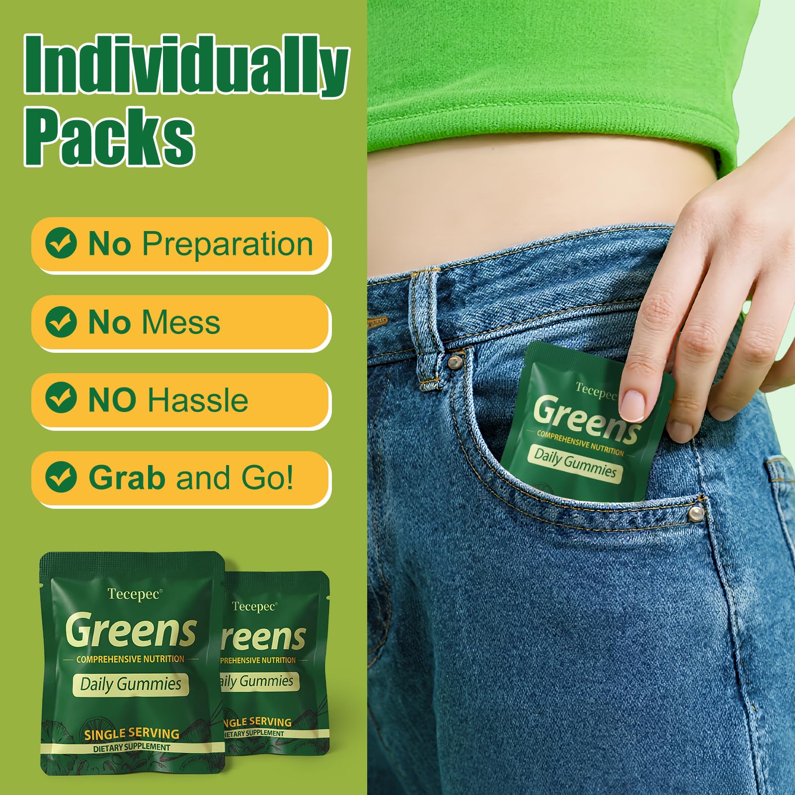 Tecepec Greens Daily Gummies glass with water suggests easy hydration-friendly consumption.