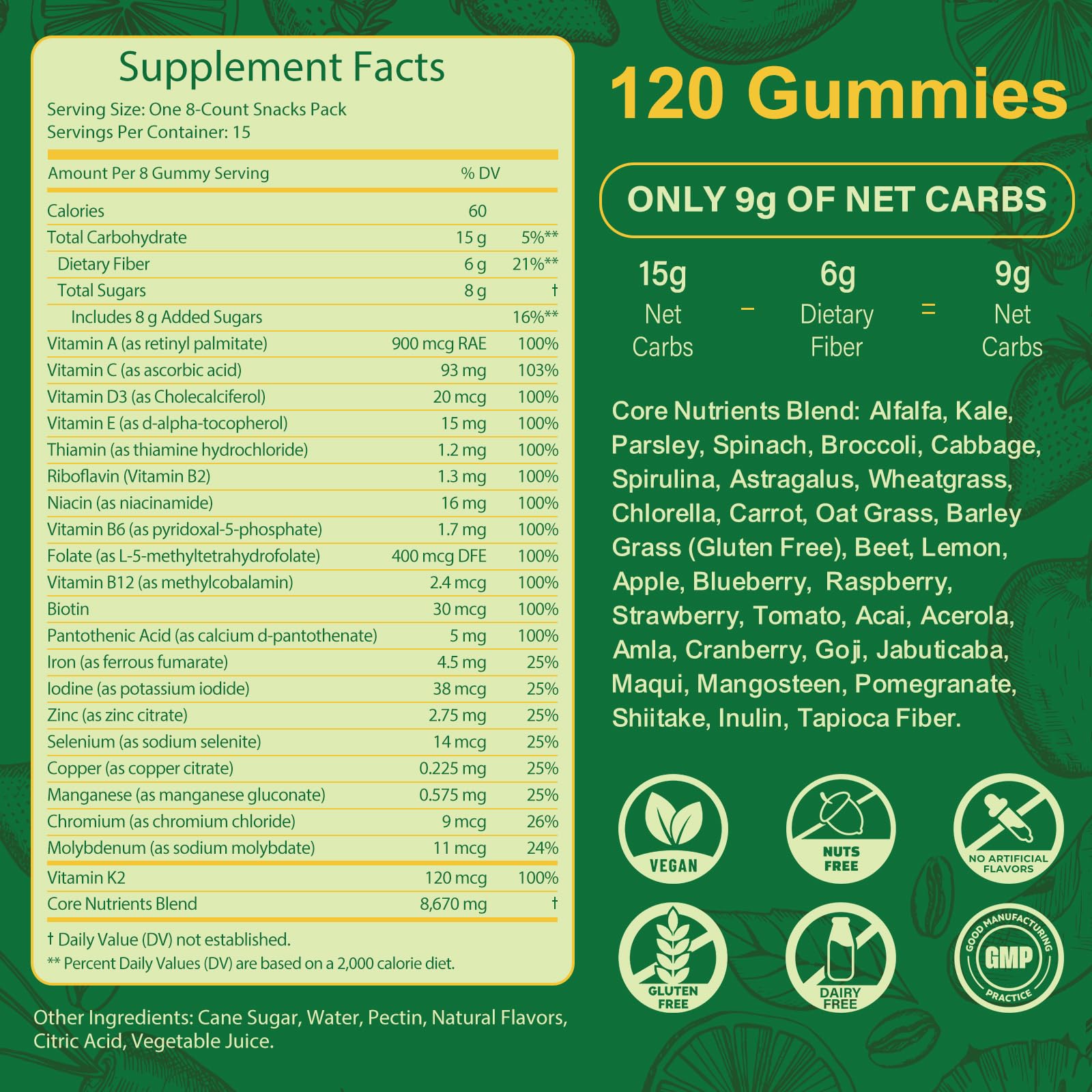 Tecepec Greens Daily Gummies ingredient blend includes spirulina, chlorella, and prebiotics for balance.