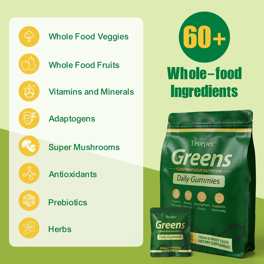 Tecepec Greens Daily Gummies packaging highlights portioned servings for easy daily use.