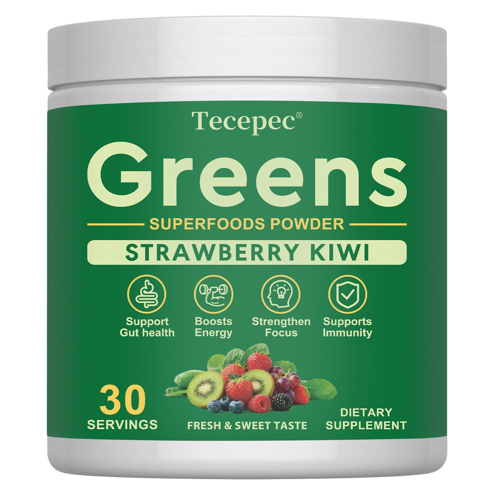Tecepec Super Greens Powder bottle showing a nutrient-rich daily mix for energy and gut support.
