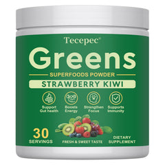 Tecepec Super Greens Powder bottle showing a nutrient-rich daily mix for energy and gut support.