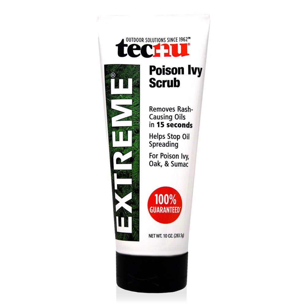 Tecnu Extreme poison ivy scrub bottle ready for use and removing urushiol oils.