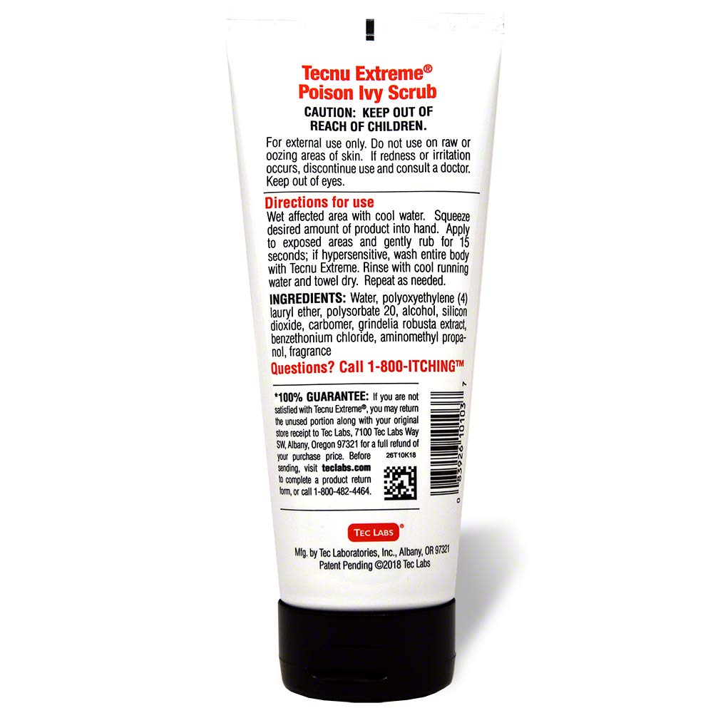 Tecnu Extreme scrub massaged into skin for quick 15-second action against oils.