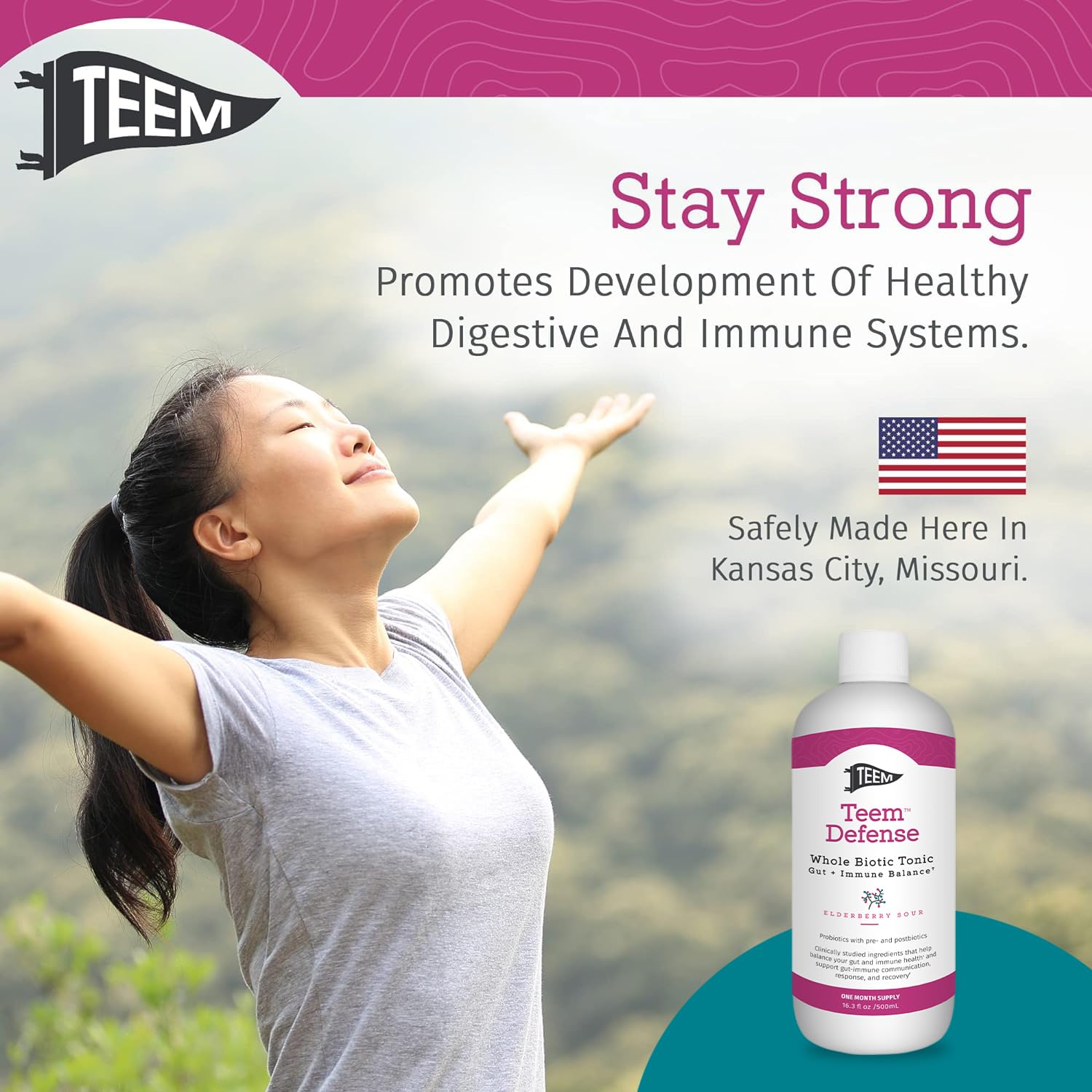 Teem Defense sugar-free gluten-free tonic bottle in kitchen