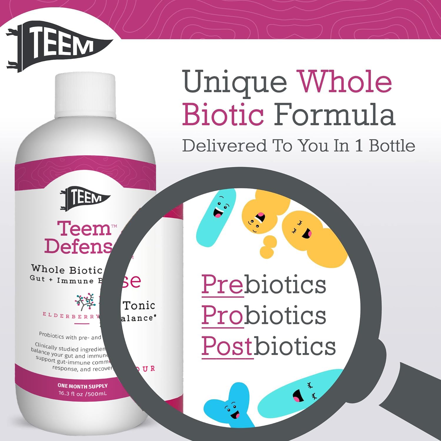 Lab-cultured Teem Defense whole biotic formula bottle