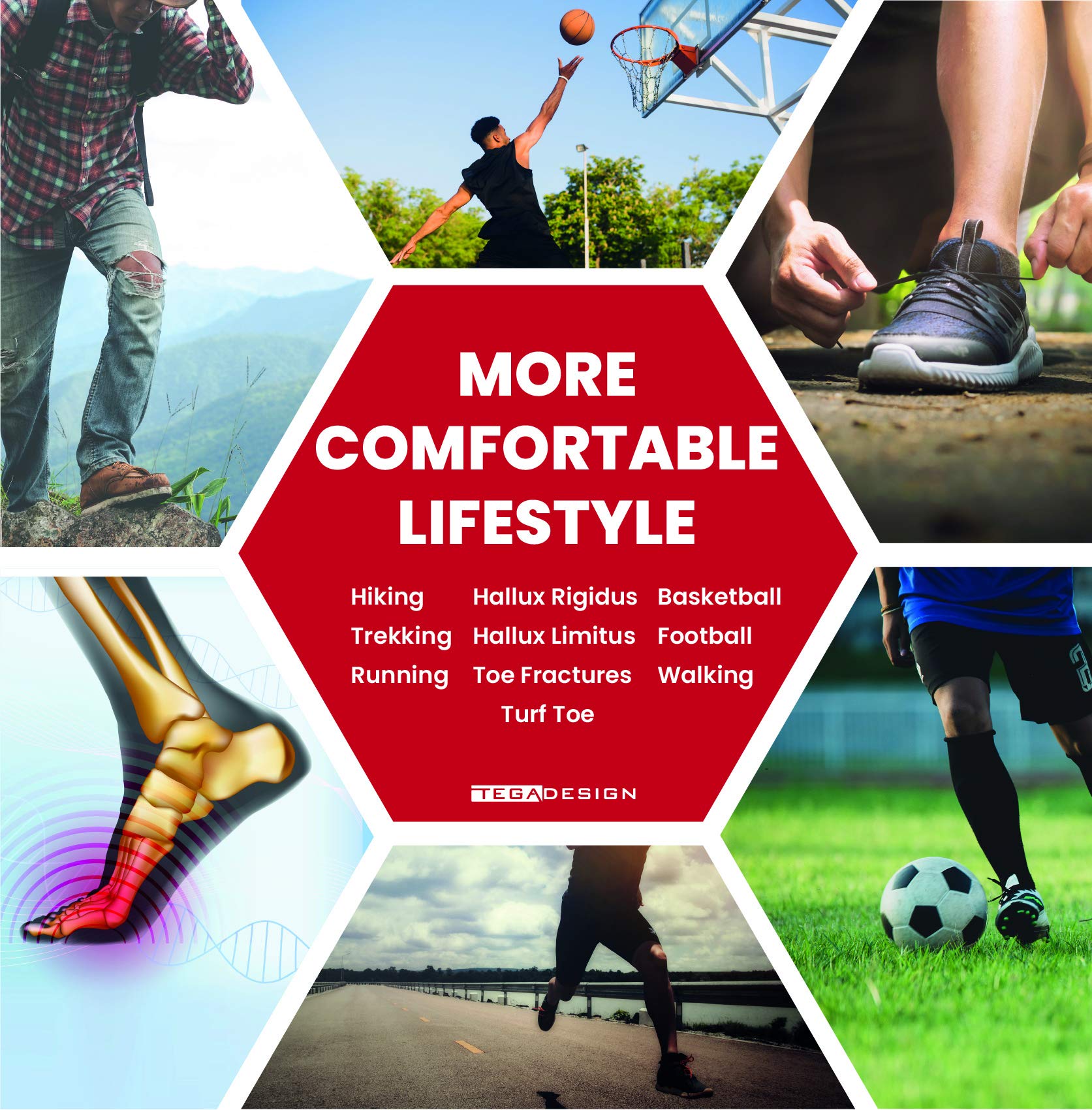 TEGA carbon fiber insole arch design helps align the foot for balanced weight transfer.
