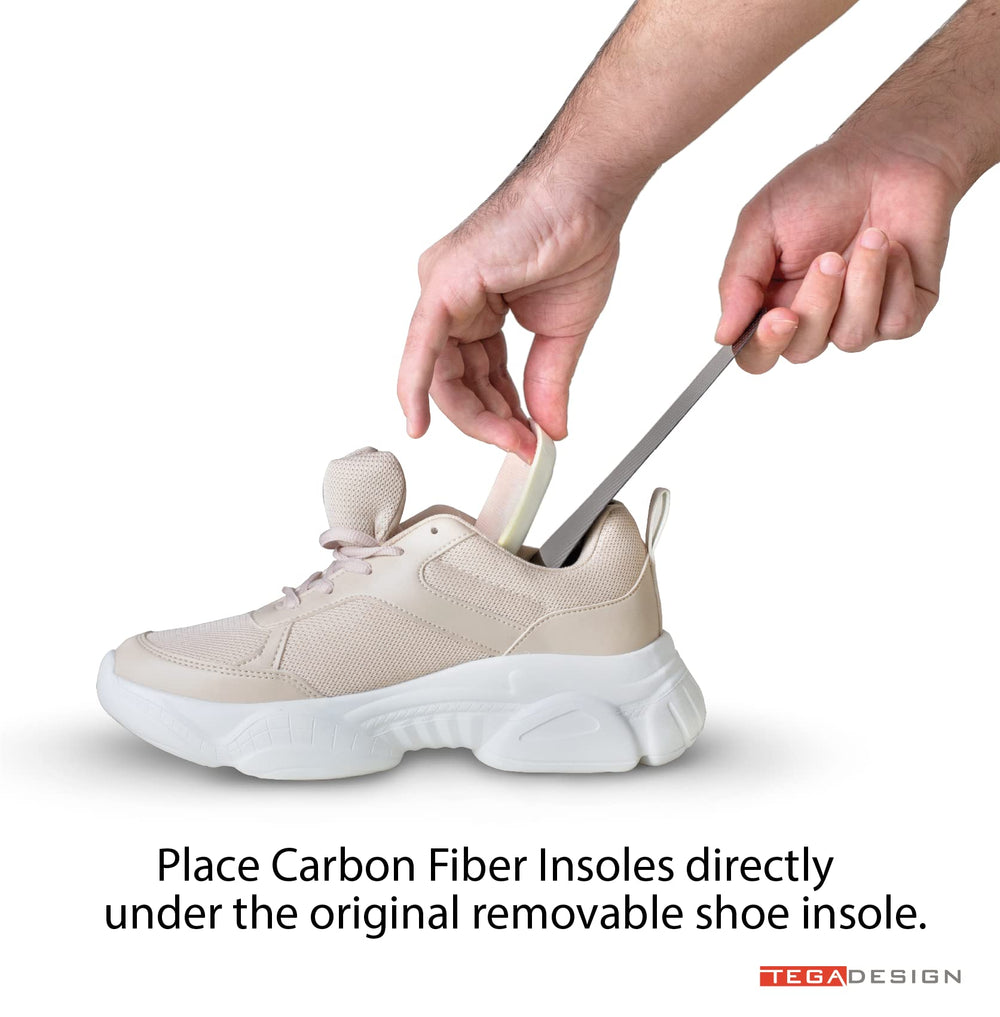 TEGA carbon fiber insole athletic use shot highlighting trekking or running support