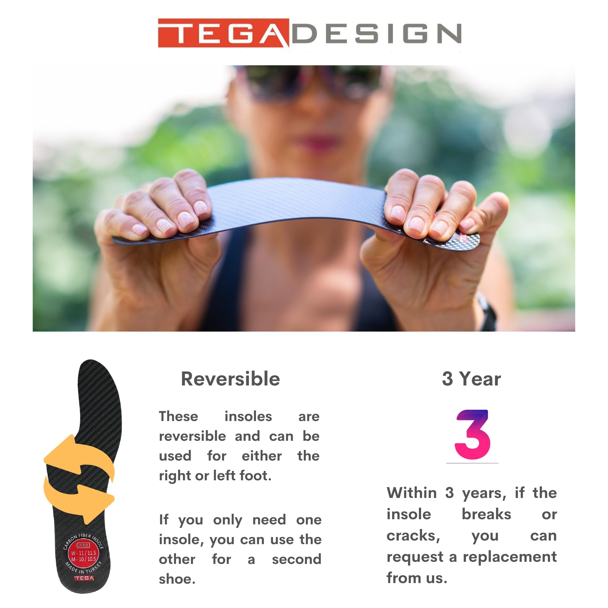 TEGA carbon fiber insole durable carbon fiber construction resists wear.