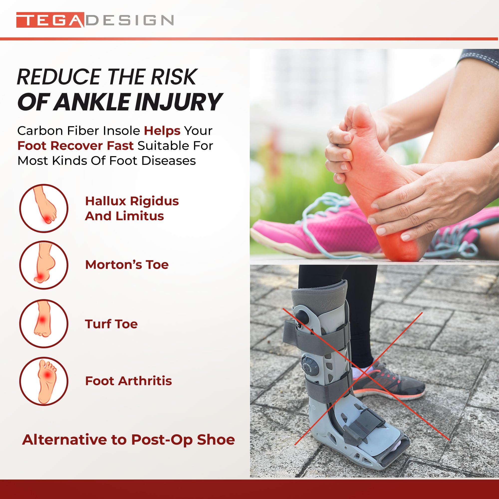 TEGA carbon fiber insole inside a shoe demonstrates rigid support for hiking and running