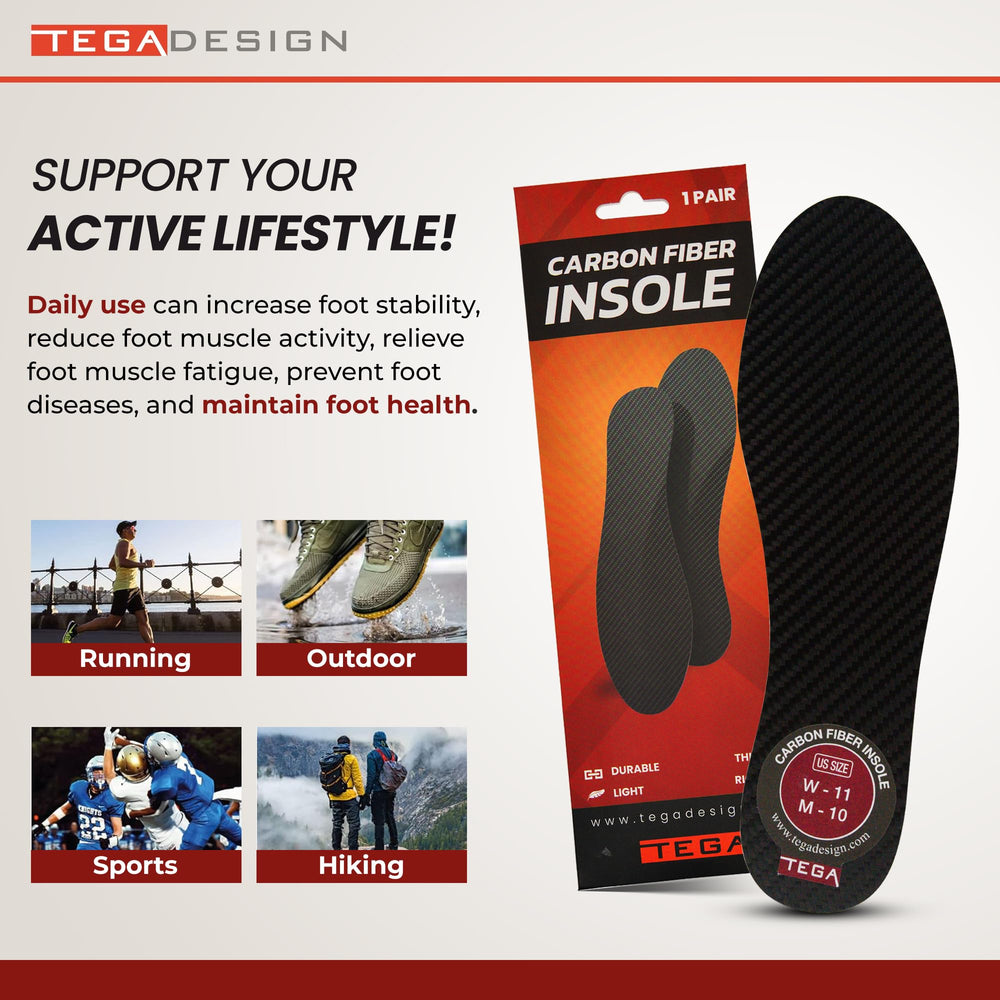 TEGA carbon fiber insole packaging ready for quick swaps