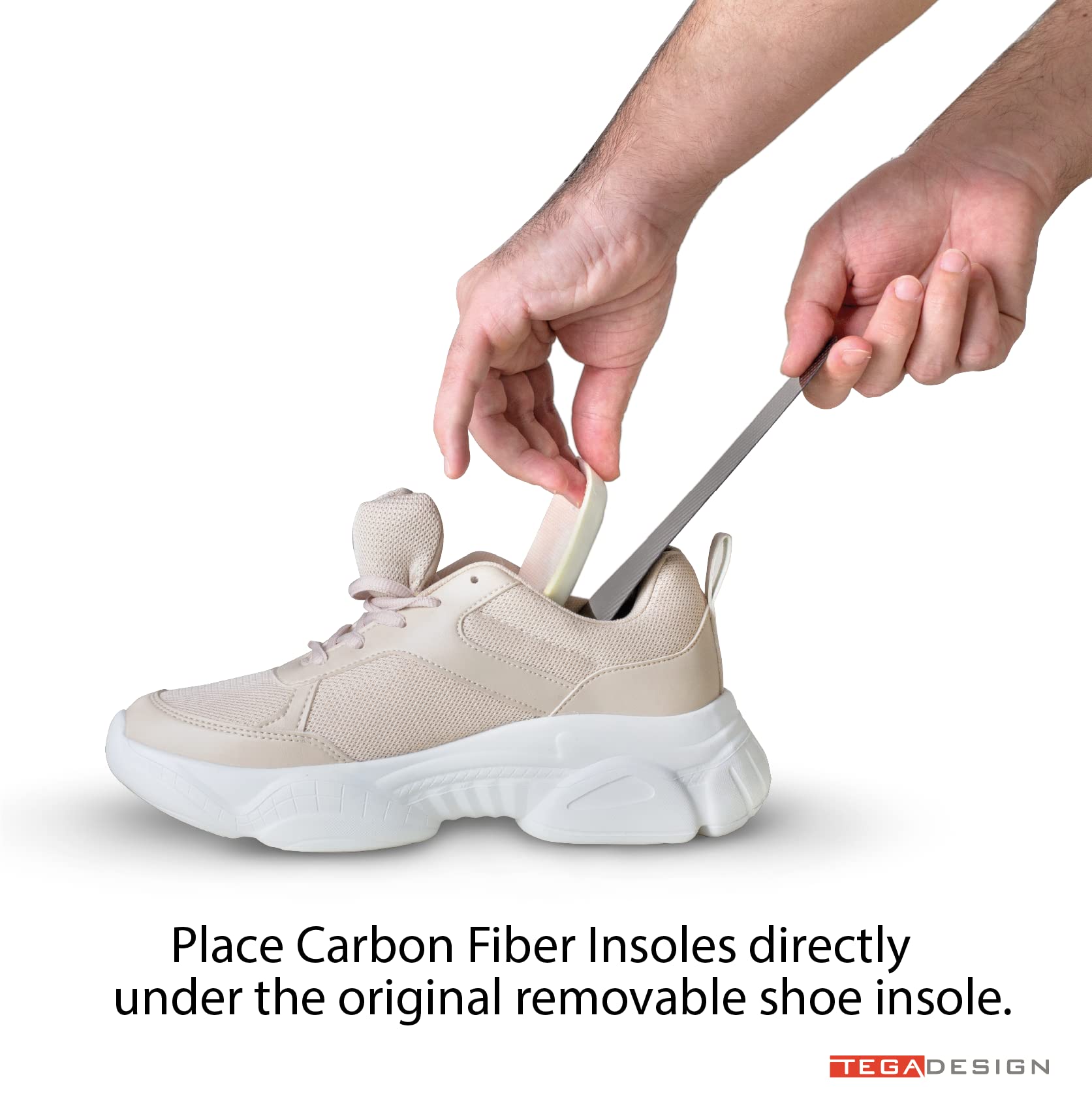 TEGA carbon fiber insole packaging and presentation for easy shopping.